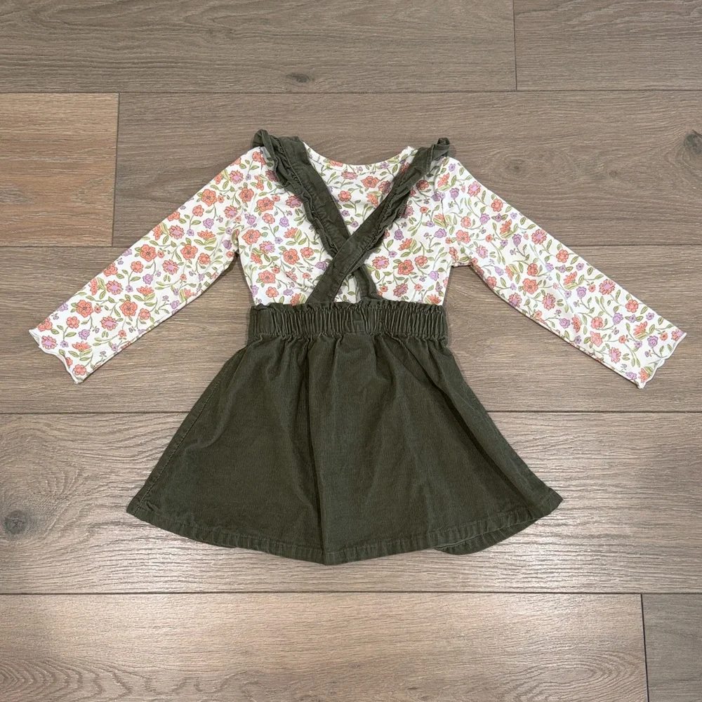 CARTERS Olive Green Corduroy Pink Purple‎ Floral Long Sleeve Girls Dress Size 3T